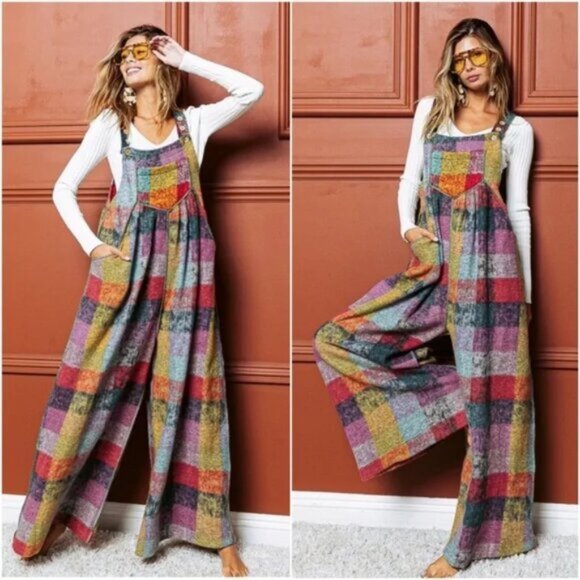 Multicolor Brushed Fabric Checkered Plaid Wide leg Jumpsuit - Picture 1 of 5